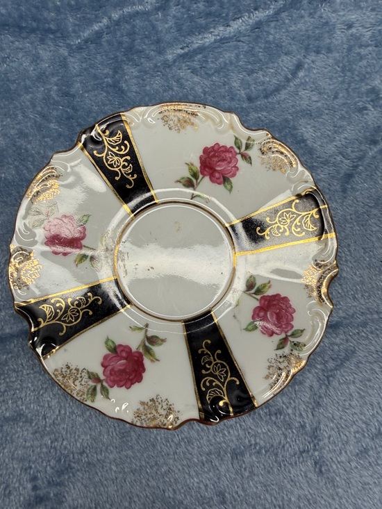 Vintage Other - Vintage Pink Rose Porcelain Saucer with Black and Gold Bands